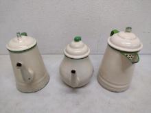 3 Enamelware Teapots