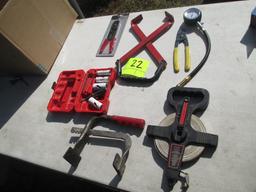 LOT-ASST TOOLS-AIR GAUGE/BATTERY TOOLS/HOLE SAWS/100 FT TAPE