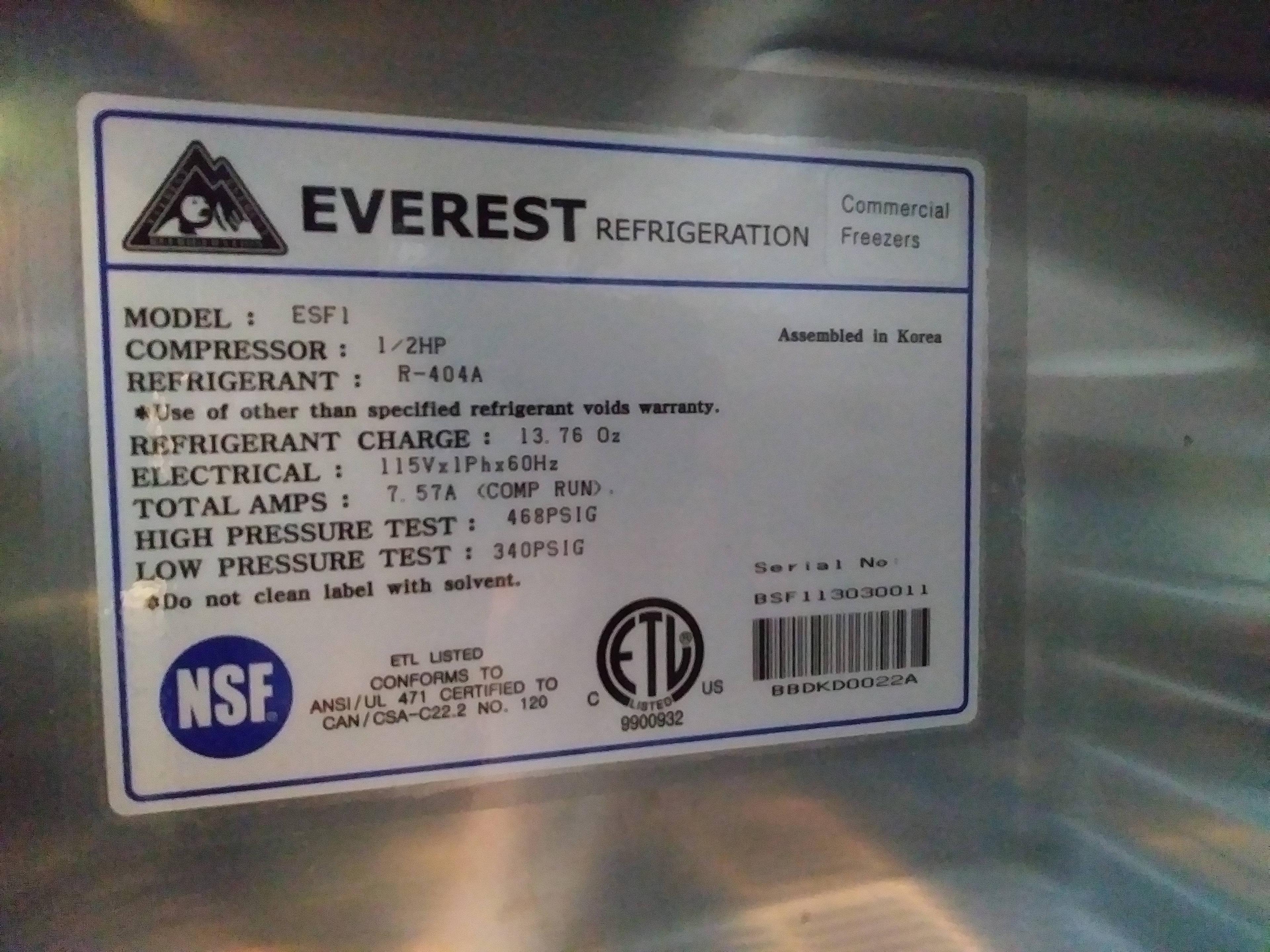 EVEREST Single Door S/S Freezer - 115V Commercial Freezer