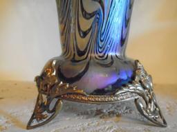 Loetz Art Glass vase with metal handles and details.