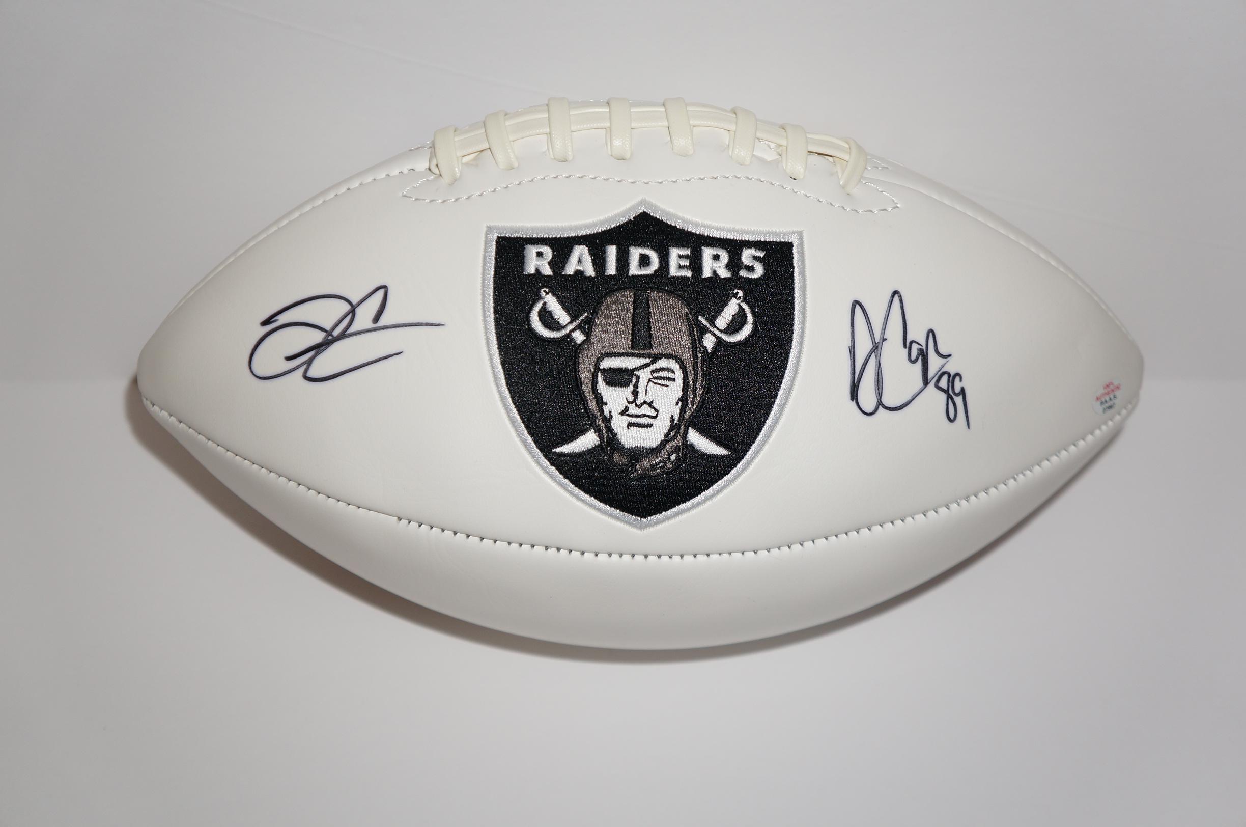 Derek Carr / Amari Carr signed Oakland Raiders logo football.