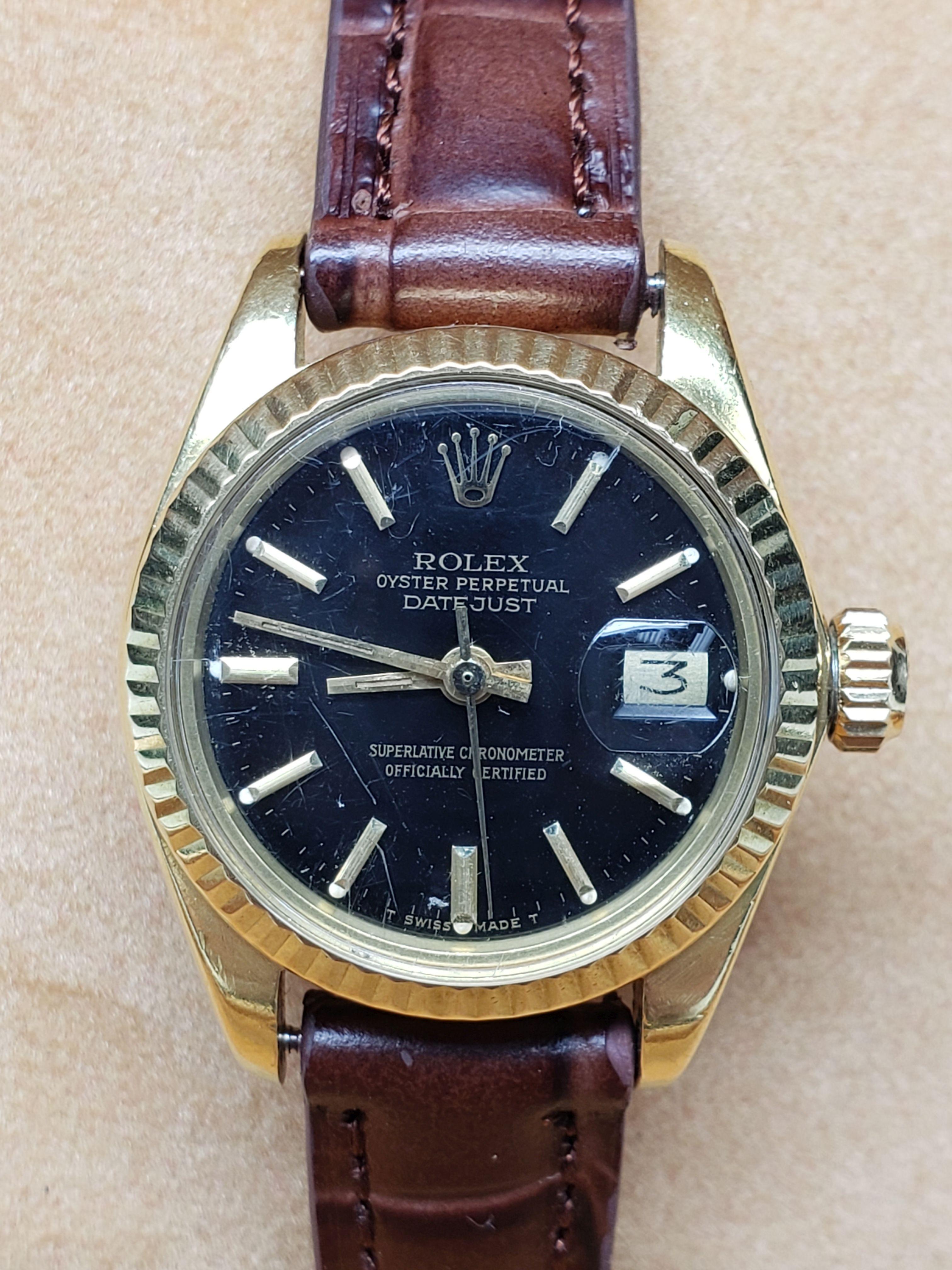 Womens Rolex 18k Yellow Gold Datejust with Leather Band & Rolex Buckle
