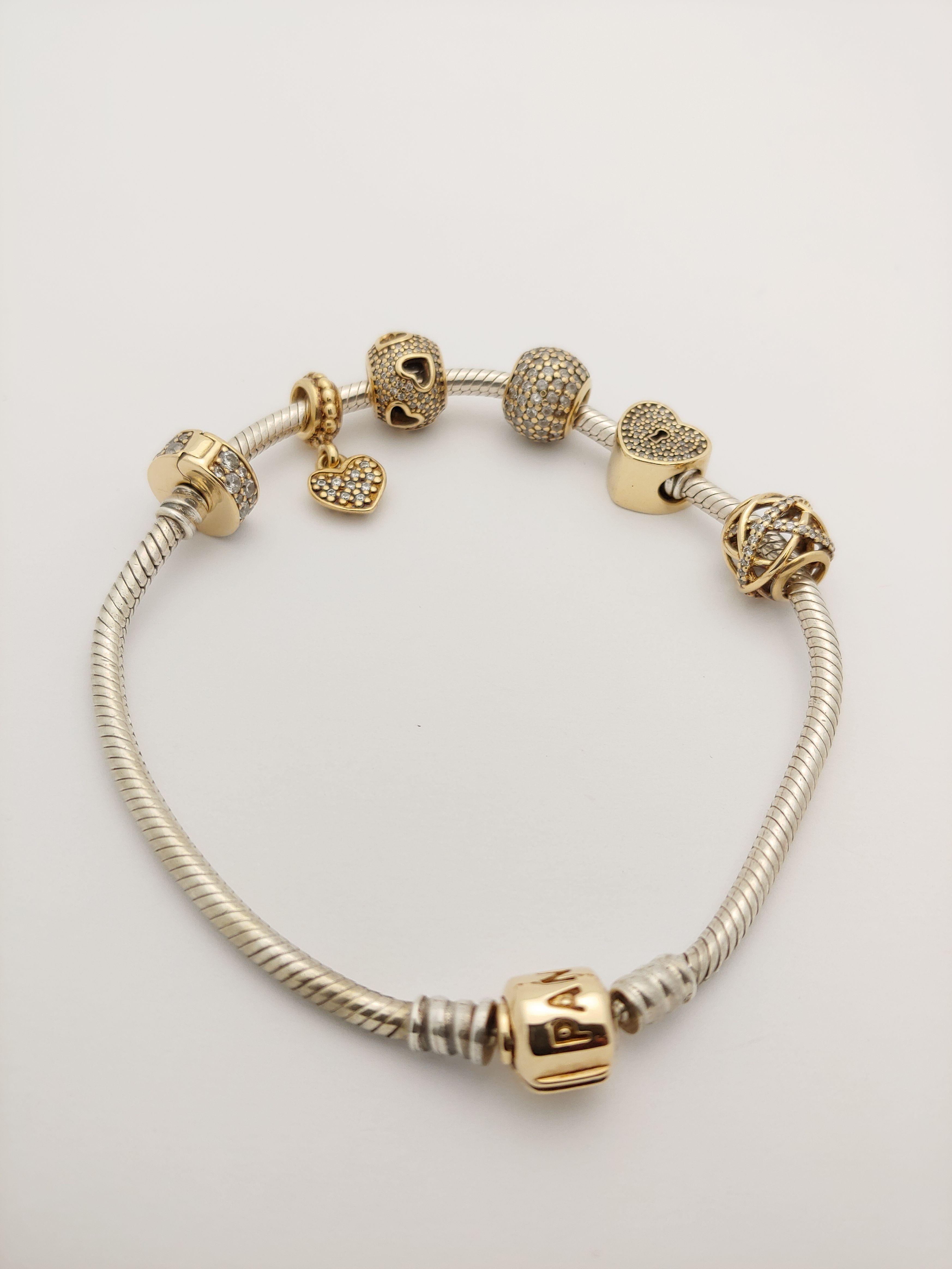 Designer Womens Pandora 14k Solid Gold (6) Charms with Silver & Gold Pandora Bracelet