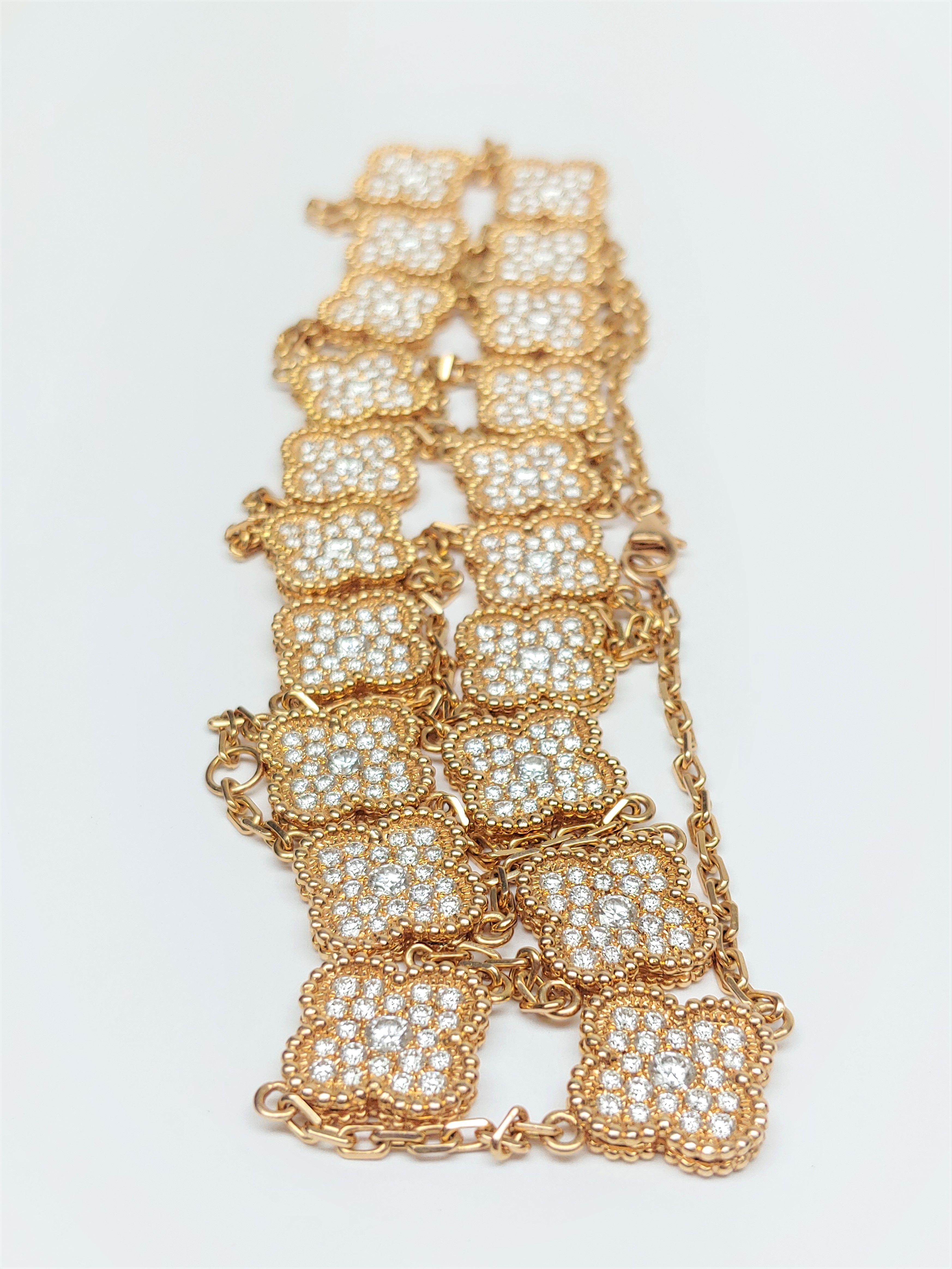 VCA Stunning Clover Alhambra 18k Gold Long Necklace 20 Paved Diamond Motifs