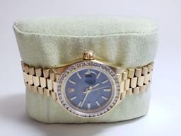 Designer Womens Rolex Presidential Blue Dial 18k Yellow Gold Diamond Bezel Box