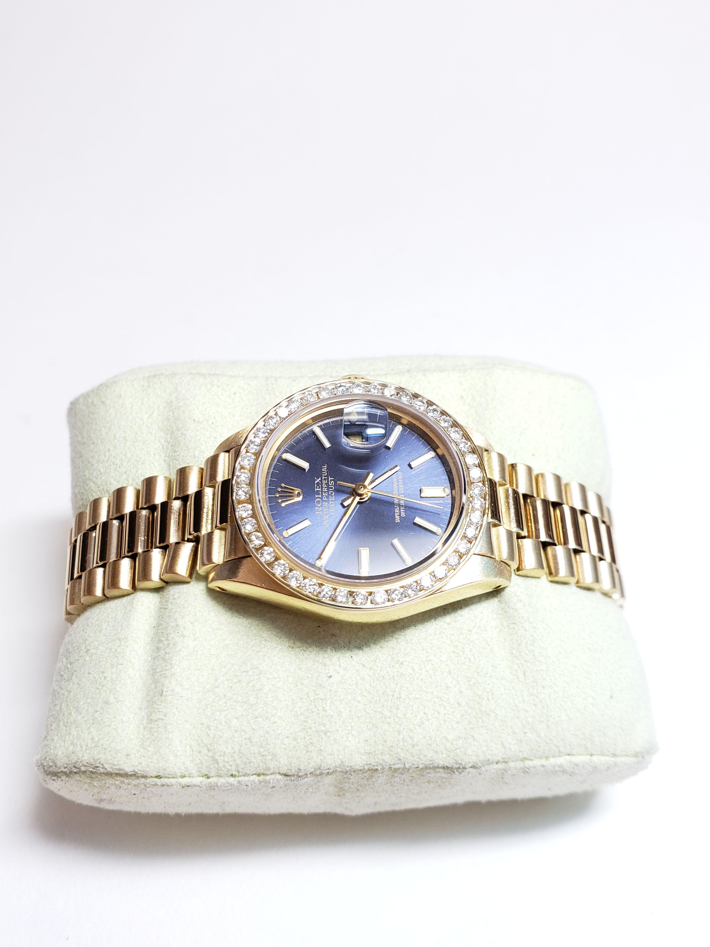 Designer Womens Rolex Presidential Blue Dial 18k Yellow Gold Diamond Bezel Box