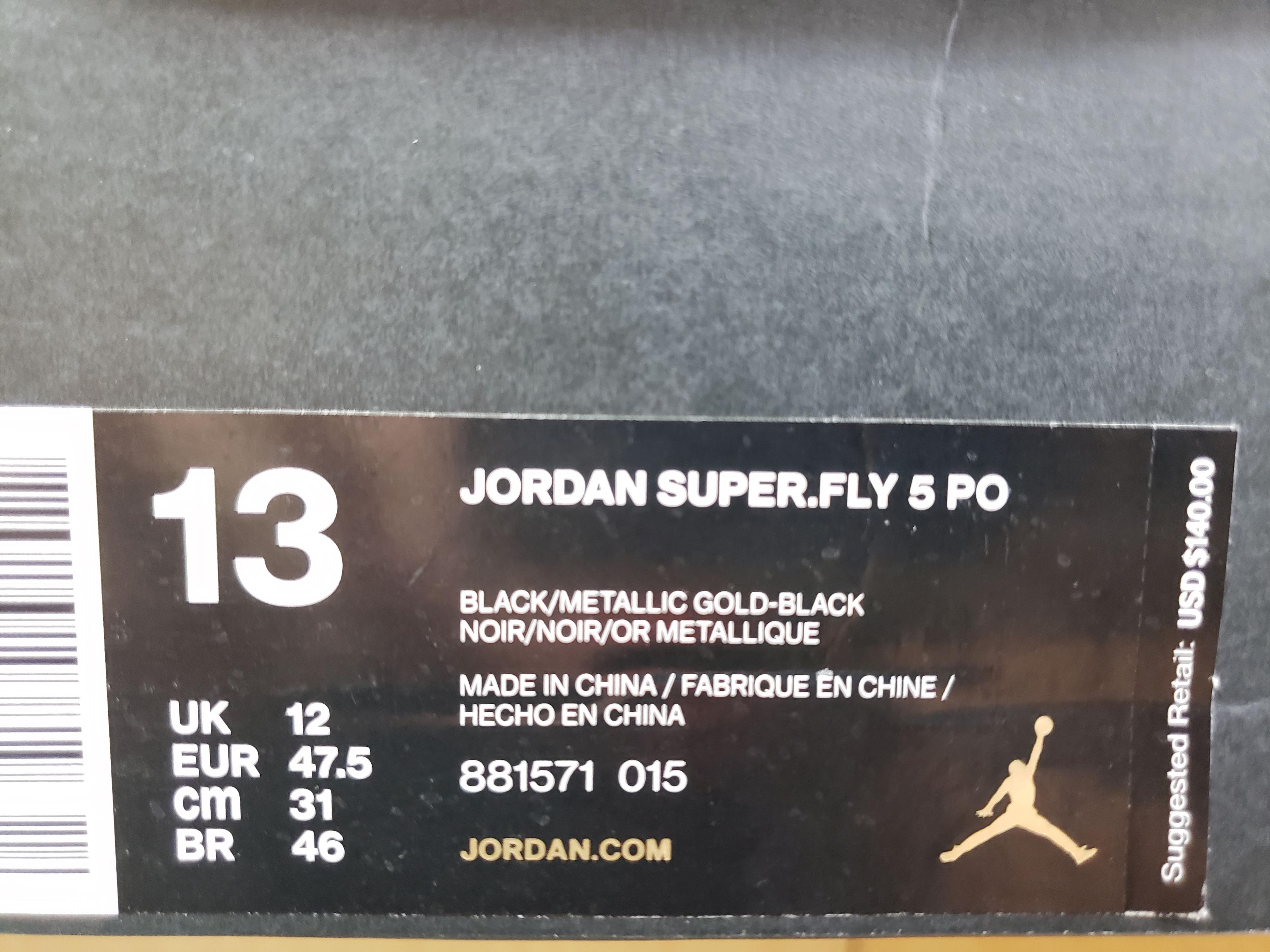 Mens Super. Fly 5 PO Black Gold Jordan Size 13 Shoes NEW