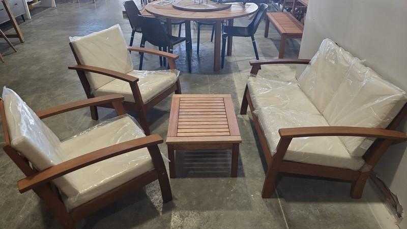OPEN BOX - BRAND NEW OUTDOOR 100% FSC SOLID WOOD 4 PIECE CONVERSATION SET WITH WHITE CUSHIONS