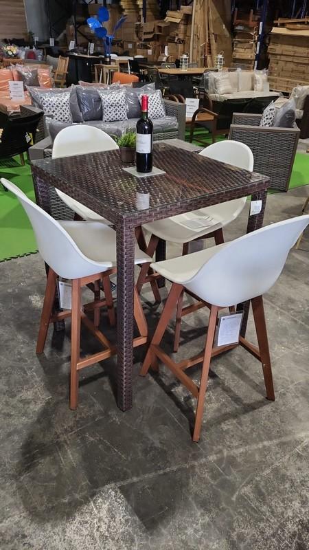 OPEN BOX - BRAND NEW OUTDOOR Brown Synthetic Wicker High Top Bar 32" x 32" Table With Glass Top and