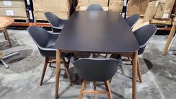 OPEN BOX - BRAND NEW OUTDOOR 74â€� x 39â€� Black Hardwood & Polypropylene Table with (6) Black Recyc