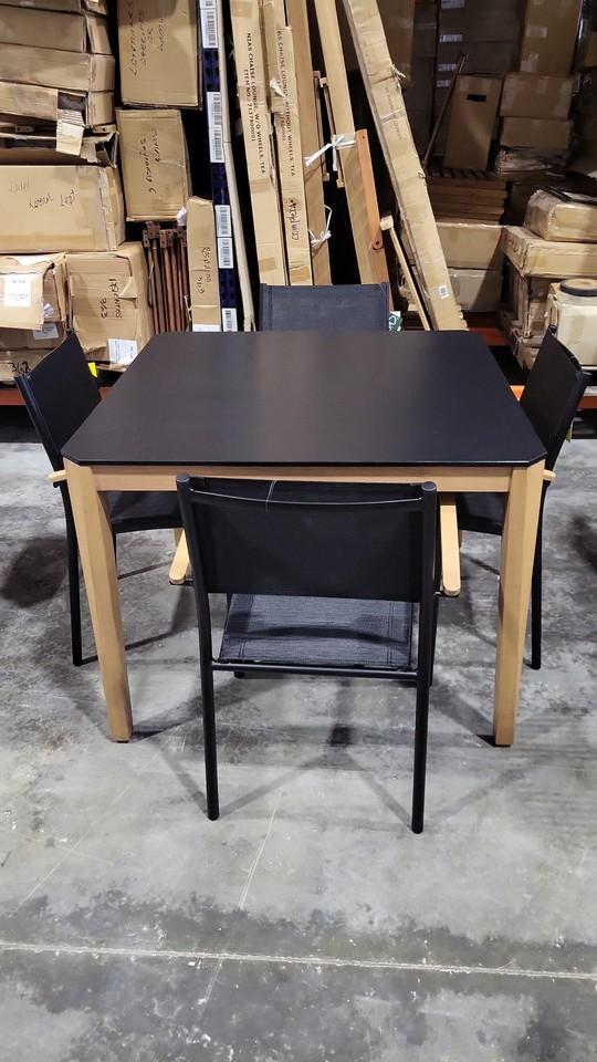 OPEN BOX - BRAND NEW Hard Wood Dining Table with Polypropylene All weather Top and (4) Black Stackin