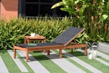 BRAND NEW OUTDOOR 100% FSC SOLID WOOD AND BLACK SLING CHAISE LOUNGER - ORIGINAL PACKAGING