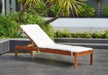 BRAND NEW OUTDOOR 100% FSC SOLID WOOD CHAISE LOUNGER WITH WHITE CUSHIONS - ORIGINAL PACKAGING