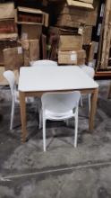 OPEN BOX - BRAND NEW Hard Wood Dining Table with Polypropylene All weather Top and (4) White Stackin