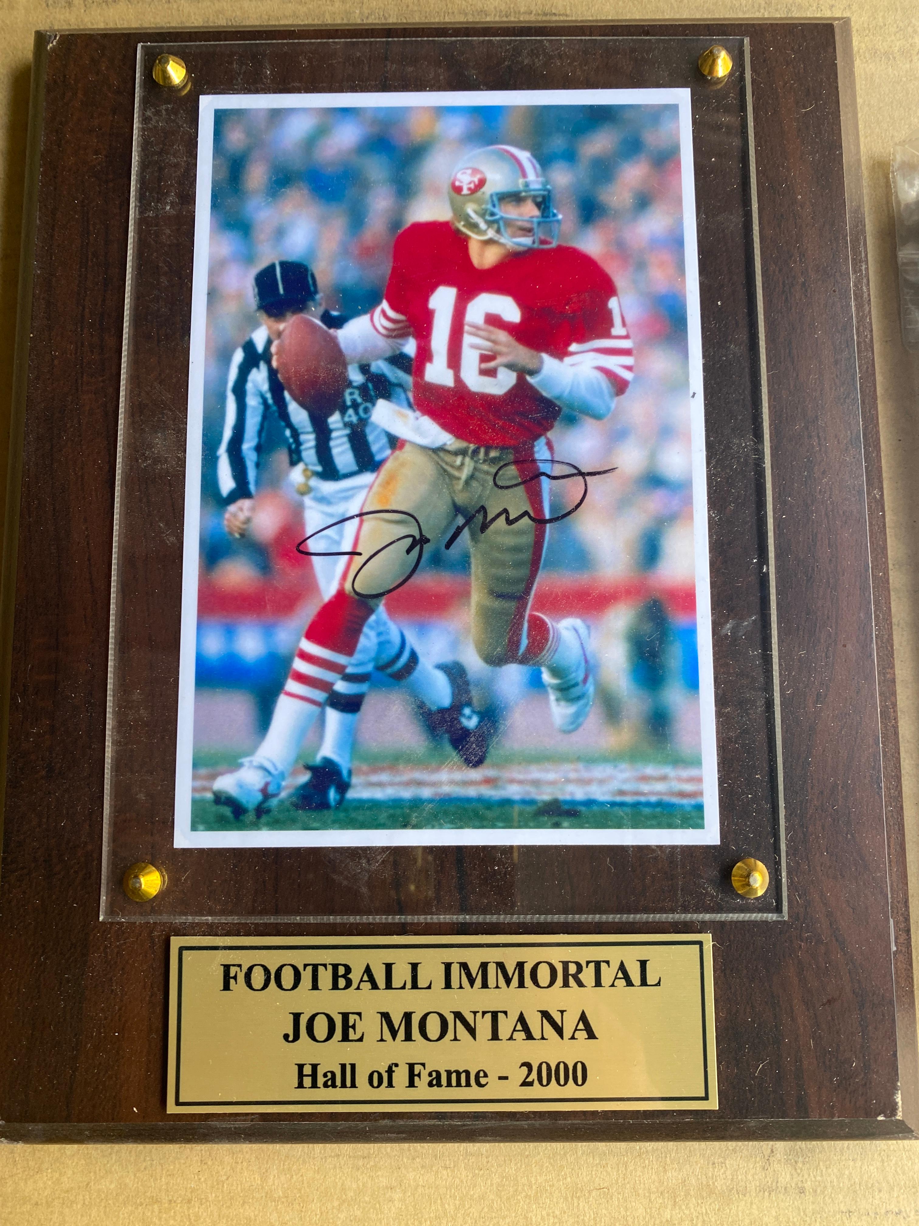 Two of the Greatest Quarterbacks ever to play Football. 9” x 8” wall plaque signed Joe Montana and 5