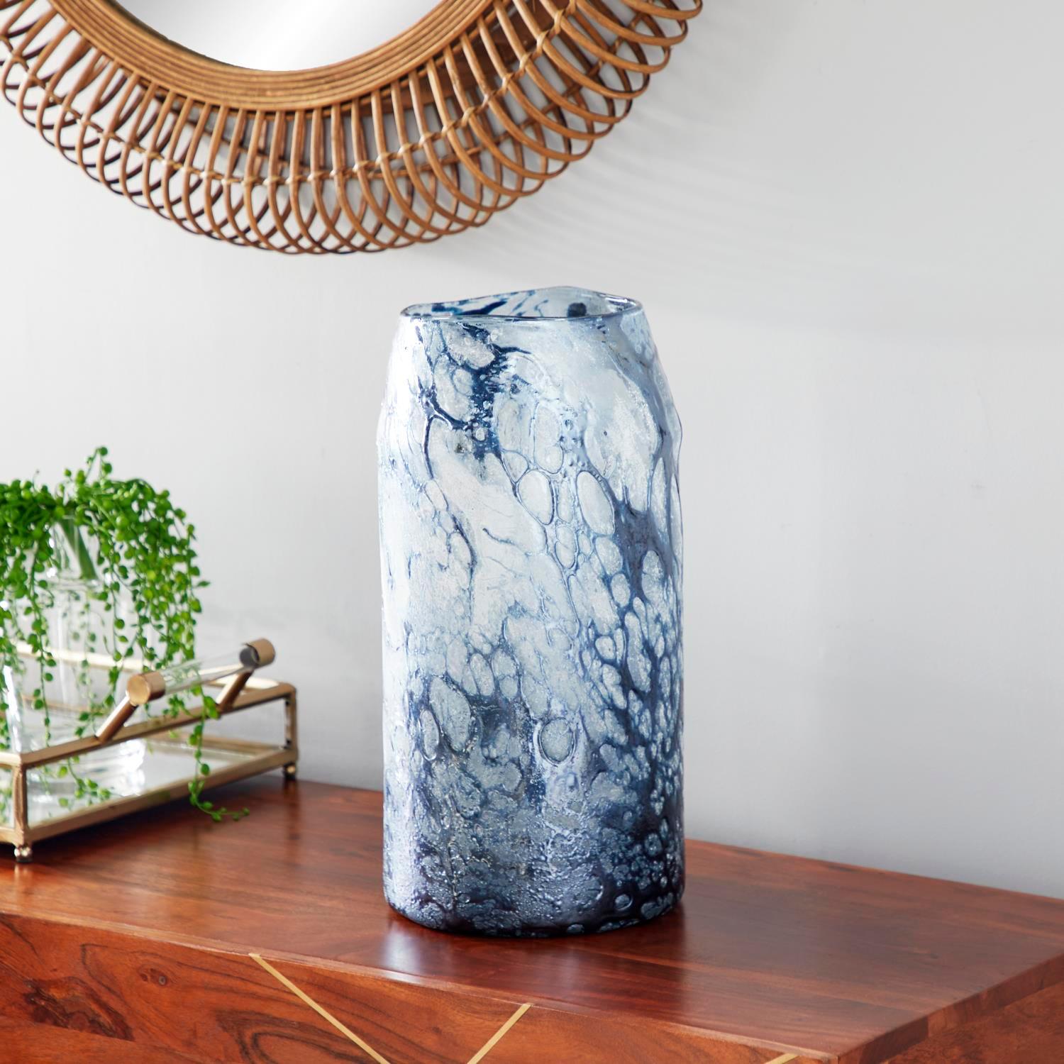 Zimlay Cylindrical Bubble Texture Blue Glass Vase 60403