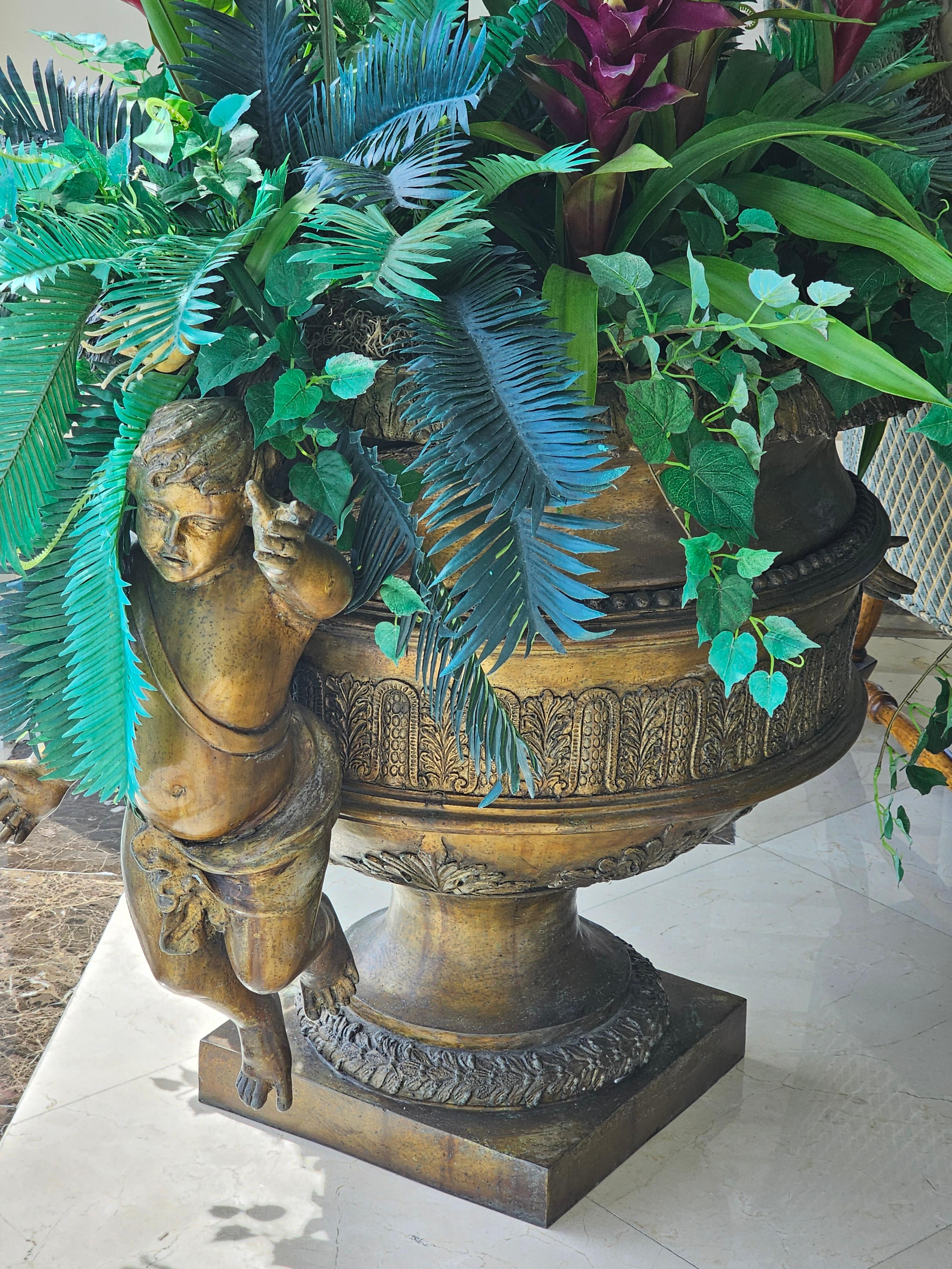 Cherub Themed Bronze Planter with Artificial Tree