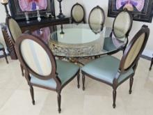71"R Mirrored Glass Top Gold Colored Wood Base Dining Table with (8) Armless Upholstered Wood Chairs
