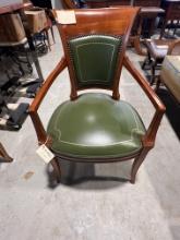 Cherry Wood Nail Head Green leather Arm Chair Trimmed in Gold,