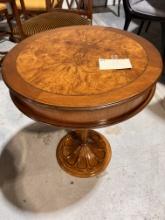 Round Burl and Walnut Side Table with Carved Base and  Inlaid Markee - 21 D x 26 H In - Estimated Au
