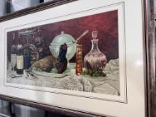 Framed Oil Painting  of Wine & Turkey, 27" X 44", Signed by Pollig