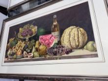 Framed Oil Painting Fruits and Wine, 27" X 44", Signed By Pollig