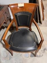 Cherry Wood Nail Head Blackleather Arm Chair Trimmed in Gold