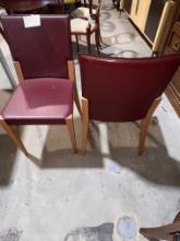 Contemporary Maroon Leather and Wood Chairs,
