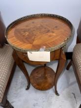Telephone Table with French Armoul brass with inlaid design - 14 in Diameter x 27 H