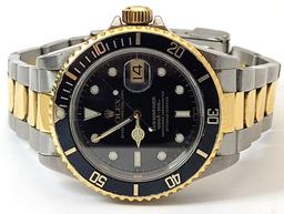 Mens ROLEX Two Tone Black Face 18k & ST. Steel Submariner Watch