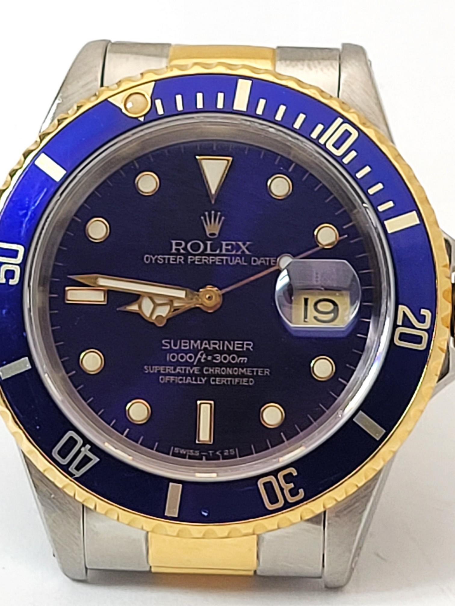 Mens ROLEX Two Tone Blue Face 18k & ST. Steel Submariner Watch