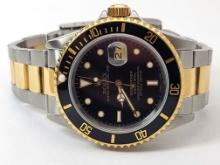 Mens ROLEX Two Tone Black Face 18k & ST. Steel Submariner Watch