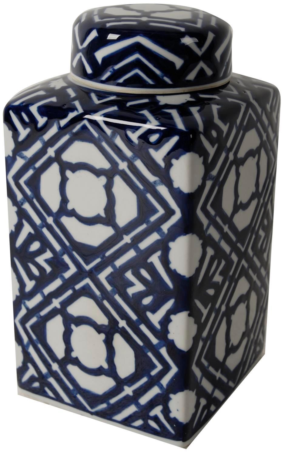 A & B Home Valora Blue And White Square Lidded Jar 69663