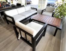 "Addison", a 4 iece Outdoor Patio Furniture Set with a 3 Seater Sofa, (2) Side Chairs and a Teak Top