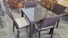 BRAND NEW OUTDOOR Brown Synthetic Wicker 32" x 32" Table With Glass Top and 4 Stacking  Chairs