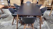 BRAND NEW OUTDOOR 74â€� x 39â€� Black Hardwood & Polypropylene Table with (6) Black Recycled Resin C