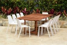 BRAND NEW OUTDOOR 100% FSC SOLID WOOD EXTENDABLE RECTANGULAR TABLE WITH 8 STACKING WHITE RECYCLED RE
