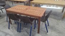 BRAND NEW OUTDOOR 100% FSC SOLID WOOD 59" RECTANGULAR TABLE WITH 6 RECYCLED PLASTIC CHAIRS BROWN