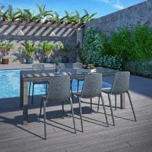 BRAND NEW OUTDOOR SYNTHETIC WICKER TABLE 83" x 43" WITH GLASS TOP + 6 RESIN STACKING CHAIRS GREY