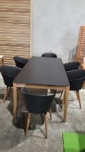 BRAND NEW 84â€� x 40â€� Hard Wood Dining Table with Polypropylene All weather Top and (6) Recycled R