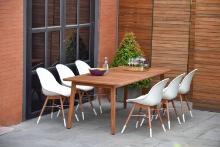 BRAND NEW OUTDOOR 100% FSC SOLID WOOD  TABLE 85" X 37" WITH 6 RECYCLED PLASTIC WHITE CHAIRS