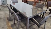 BRAND NEW OUTDOOR Grey Synthetic Wicker 78" x 35" Table With Glass Top and 6 Stacking  Chairs