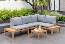 BRAND NEW OUTDOOR 100% FSC SOLID TEAK WOOD FINISH SEATING SET WITH GREY CUSHIONS
