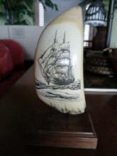 SCRIMSHAW Sperm Whale Tooth on Stand / Decor