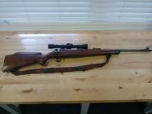 30-6 Rifle W/ Scope / Wood Base W/ Leather Shoulder Strap