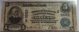 1907  AMERICAN EXCHANGE NATIONAL BANK, DALLAS TX $5 NOTE