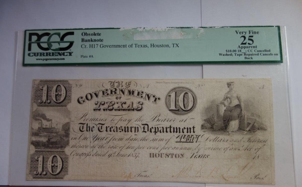 PCGS GRADED VERY FINE 25 APPARENT, 10 GOVERNMENT OF TEXAS OBSOLETE BANK NOTE