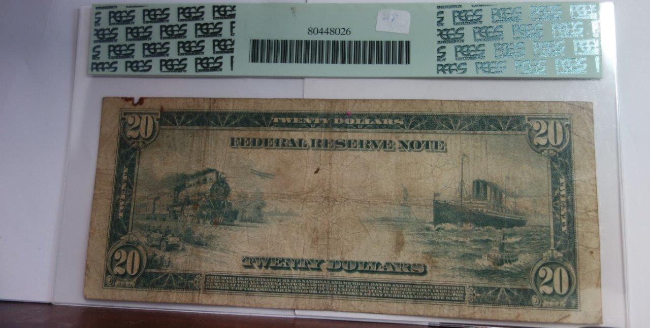 PCGS GRADED FINE 15 SAN FRANCISCO 1914 $20 FEDERAL RESERVE NOTE,