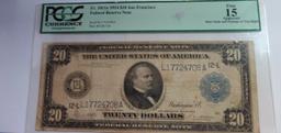PCGS GRADED FINE 15 SAN FRANCISCO 1914 $20 FEDERAL RESERVE NOTE,