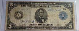 1914 $5 FEDERAL RESERVE NOTE, BLUE SEAL, CHICAGO, WHITE/MELLON